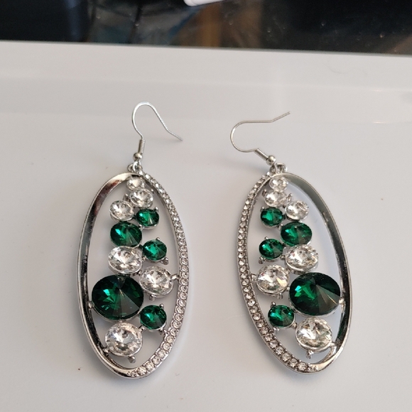 Undefined Jewelry - Silver Oval Drop Earrings with Emerald Green and Clear Stones